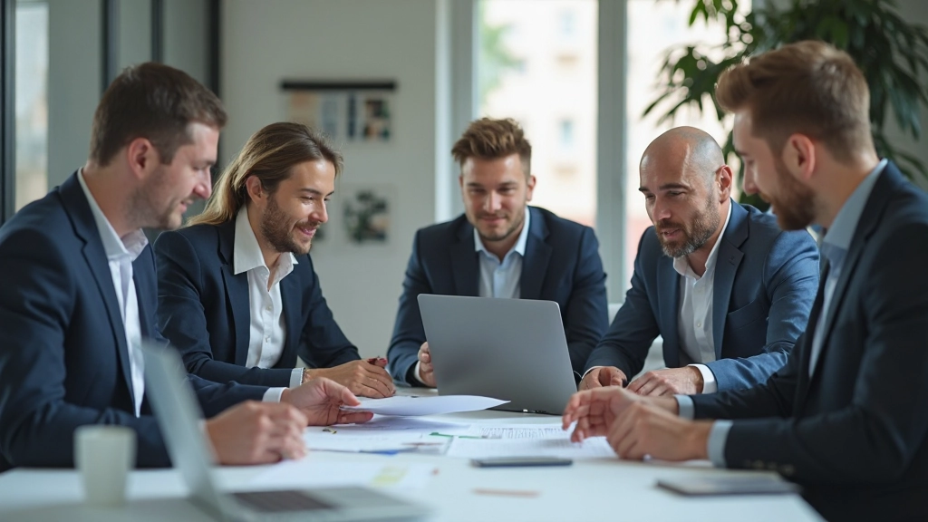 Команда специалистов проводит стратегическую сессию планирования на современной конференц-зале