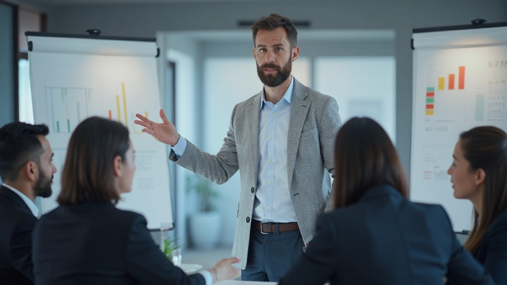 Финансовый аналитик проводит презентацию стратегии роста компании перед командой